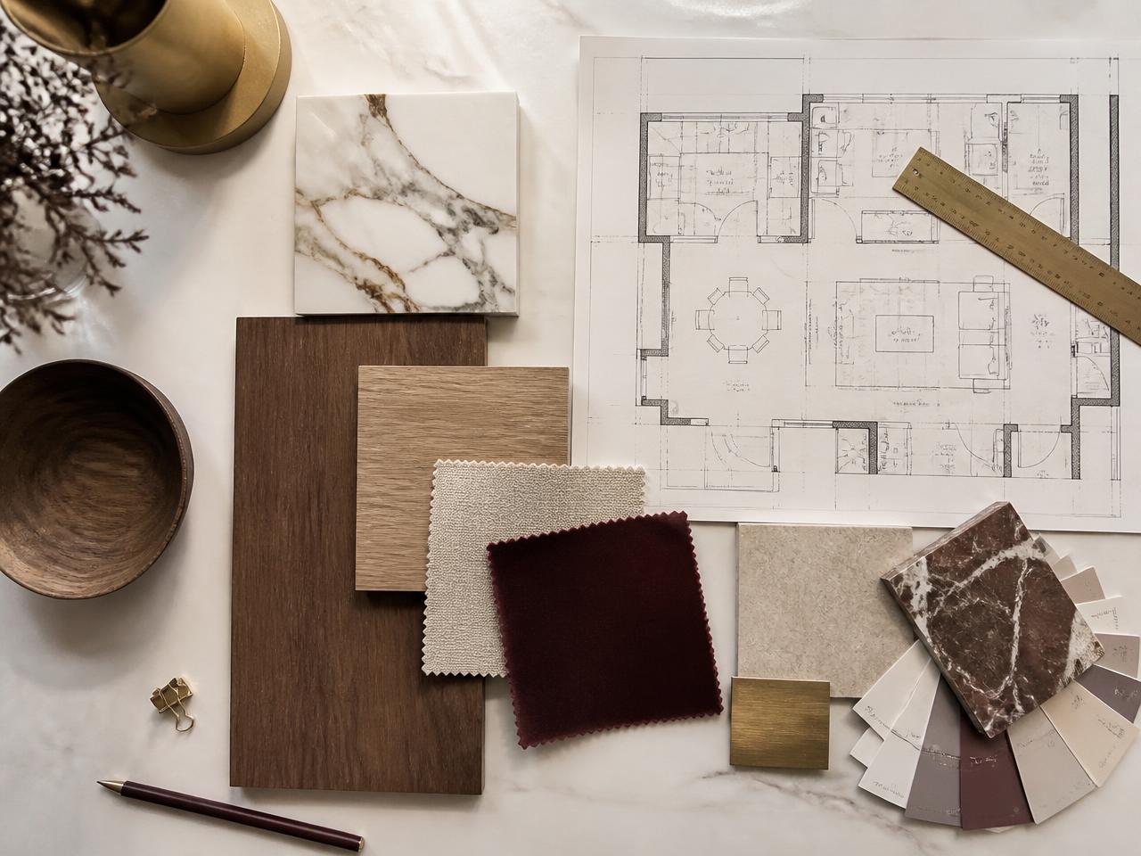 Material samples, marble, wood and fabric swatches on a designer's table
