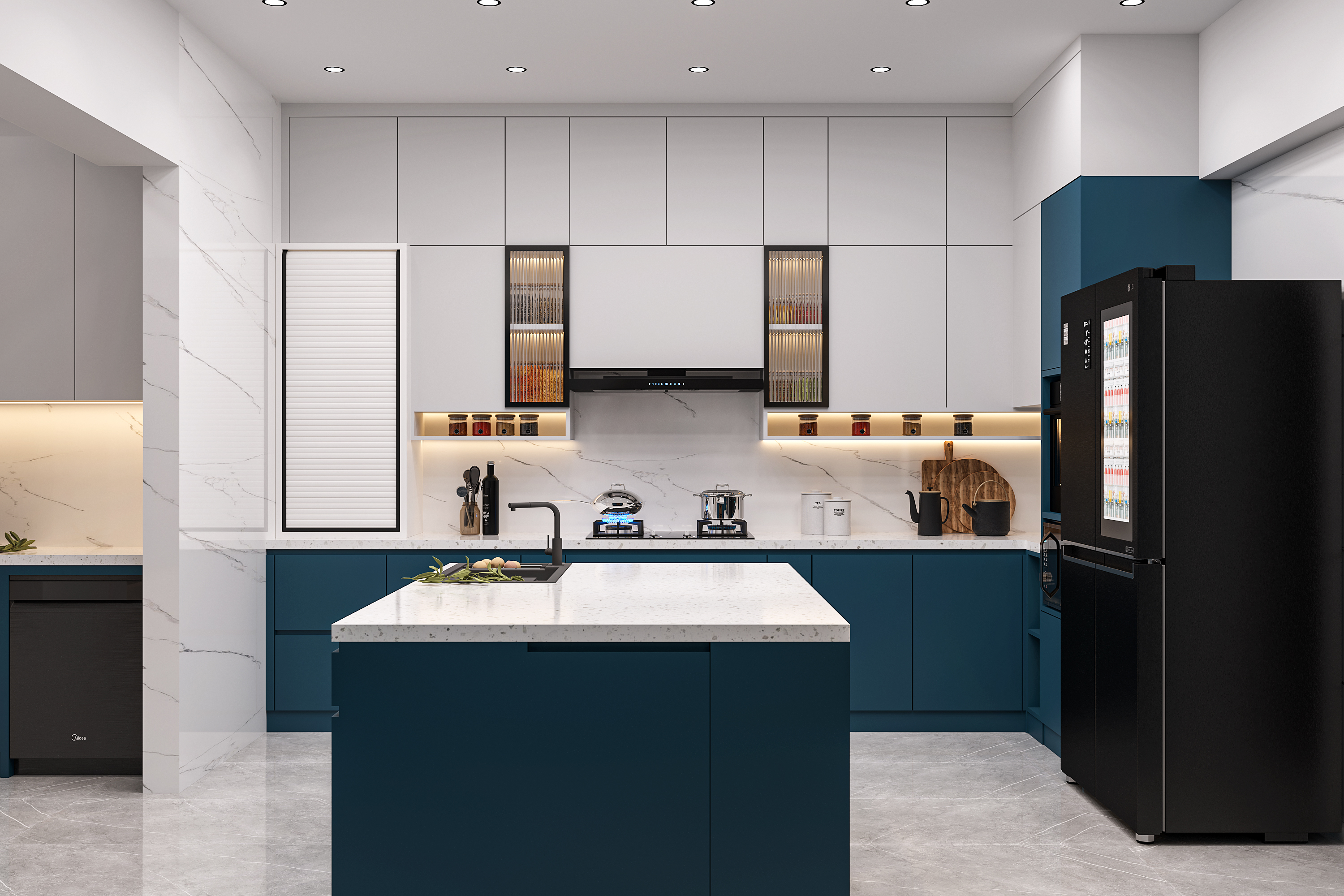 Modern Kitchen Design with White and blue Contrast